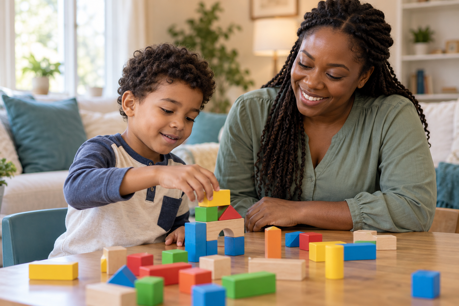 Illustrative scene of a support worker and child playing with wooden blocks at home